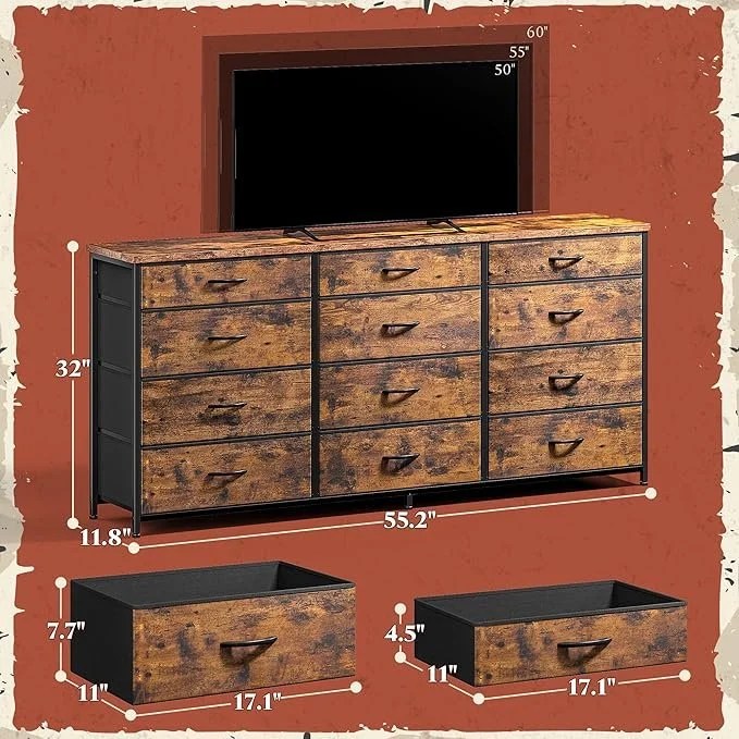 Romorgniz 55″ Dresser for Bedroom with 12 Fabric Drawers, Entertainment Center for 60 inch TV Dressers & Chests of Drawers Large Organizer, Living Room, Metal Frame, Wood Top, Rustic Brown
