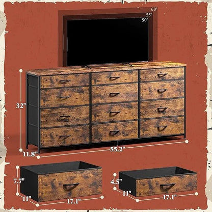 Romorgniz 55″ Dresser for Bedroom with 12 Fabric Drawers, Entertainment Center for 60 inch TV Dressers & Chests of Drawers Large Organizer, Living Room, Metal Frame, Wood Top, Rustic Brown