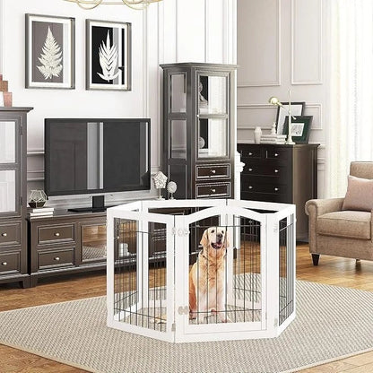 PAWLAND 144-inch Extra Wide 30-inches Tall Dog gate with Door Walk Through, Freestanding Wire Pet Gate for The House, Doorway, Stairs, Pet Puppy Safety Fence, Support Feet Included, White,6 Panels