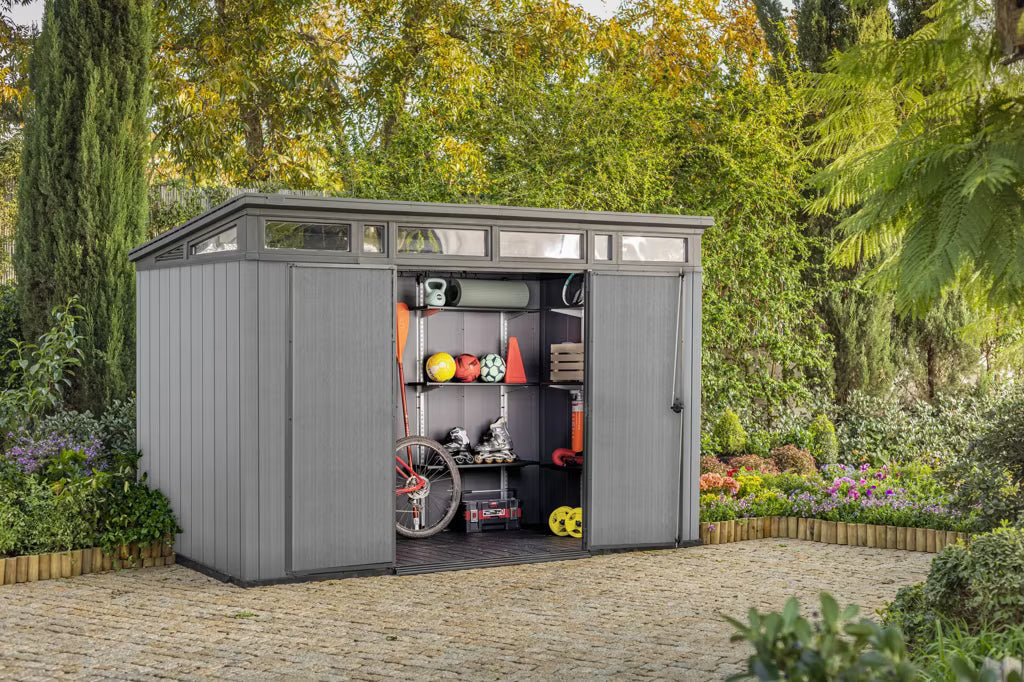 Keter Cortina 9×7 ft. Green Pent Outdoor Storage Shed with Heavy-Duty Floor – 260978