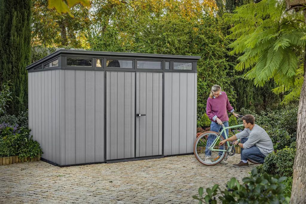 Keter Cortina 9×7 ft. Green Pent Outdoor Storage Shed with Heavy-Duty Floor – 260978