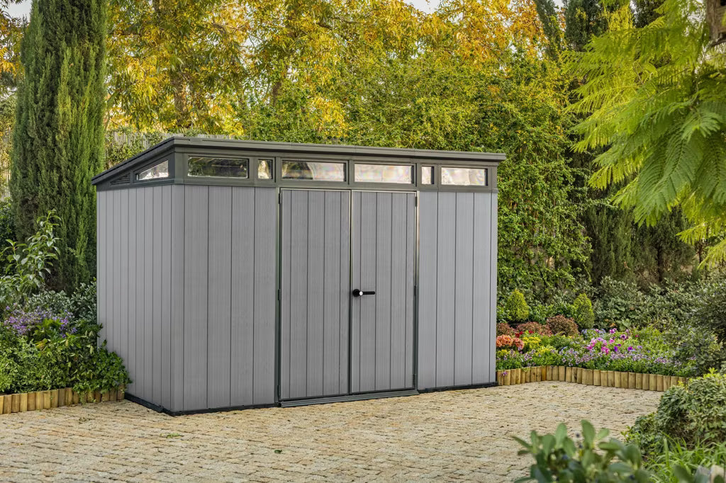 Keter Cortina 9×7 ft. Green Pent Outdoor Storage Shed with Heavy-Duty Floor – 260978