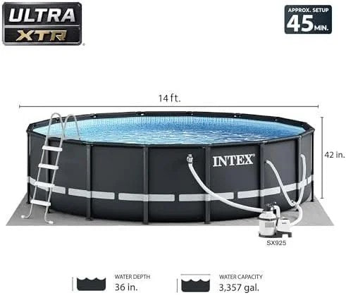 Intex Ultra XTR Frame 14′ x 42″ Round Above Ground Outdoor Swimming Pool Set with Sand Filter Pump, Ladder, Ground Cloth, and Pool Cover
