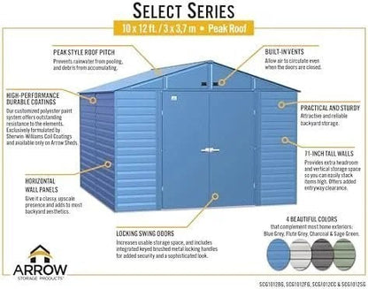 Arrow Select 10′ x 12′ Outdoor Lockable Steel Storage Shed Building, Charcoal