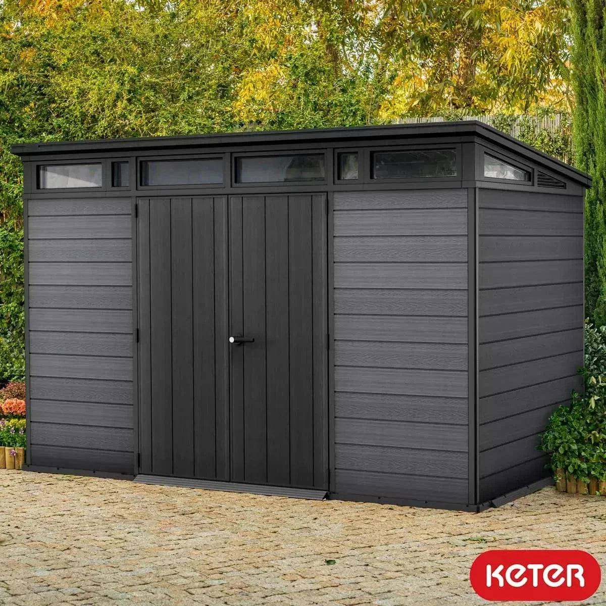 Keter Artisan 11×7 ft. Pent Outdoor Storage Shed with Floor & Window – Dark Grey