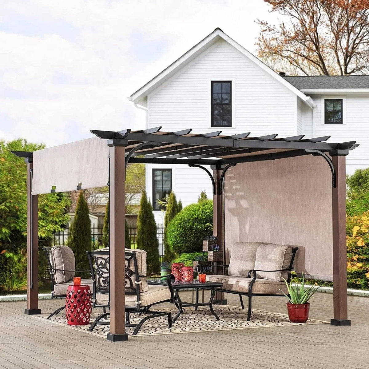 Sunjoy 11 x 11 ft Metal Pergola with Adjustable Tan Garden Shades