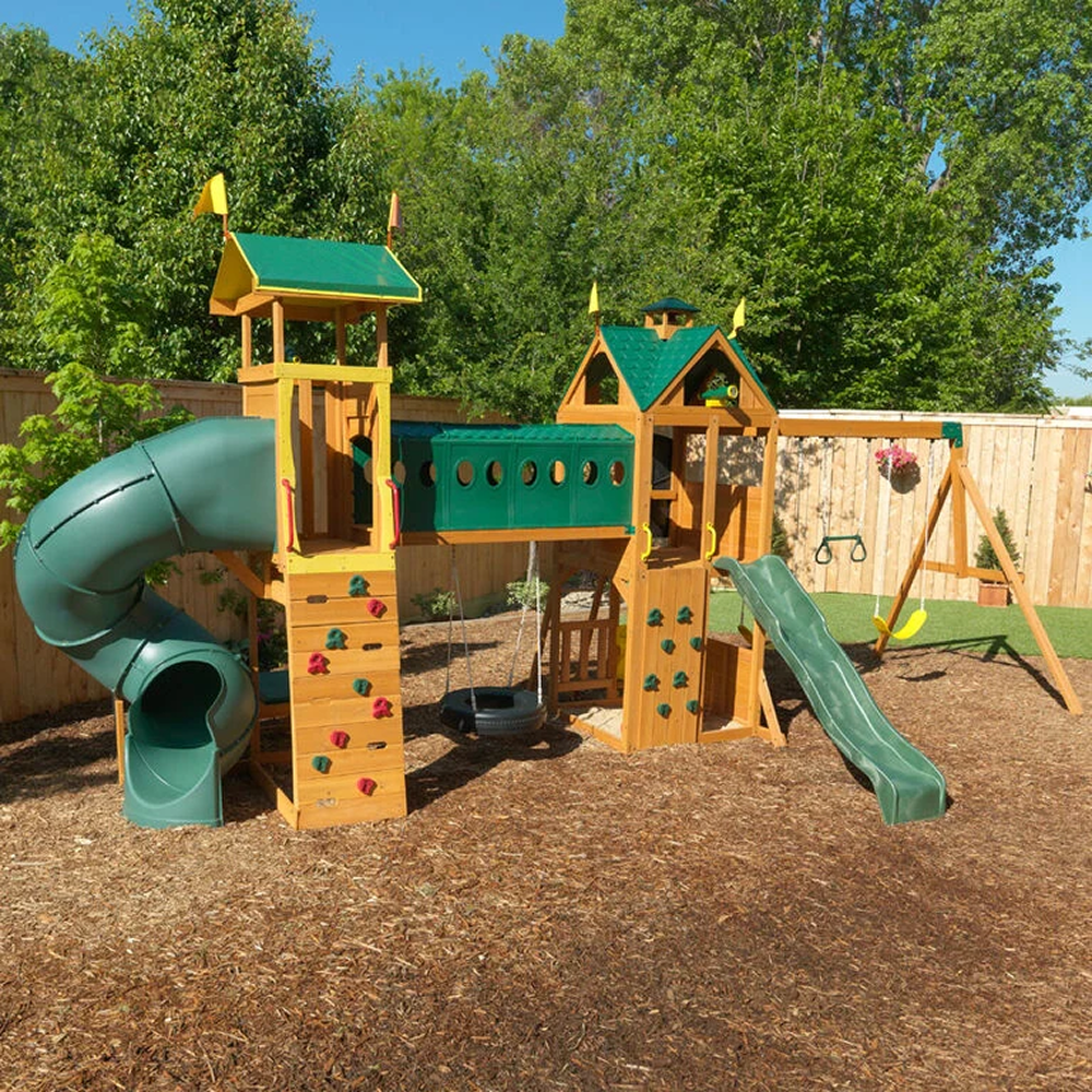 KidKraft Mockingbird View Cedar Swing Set with Lookout Tower Tube Slide and Basketball Hoop image 1