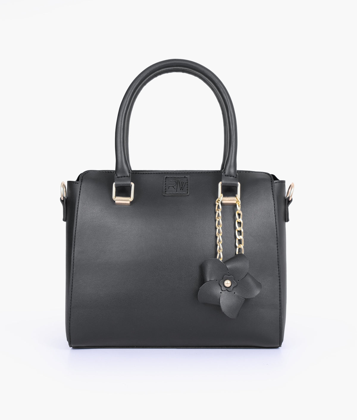 Black handbag with flower charm for women