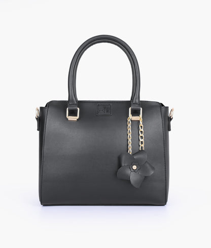 Black handbag with flower charm for women