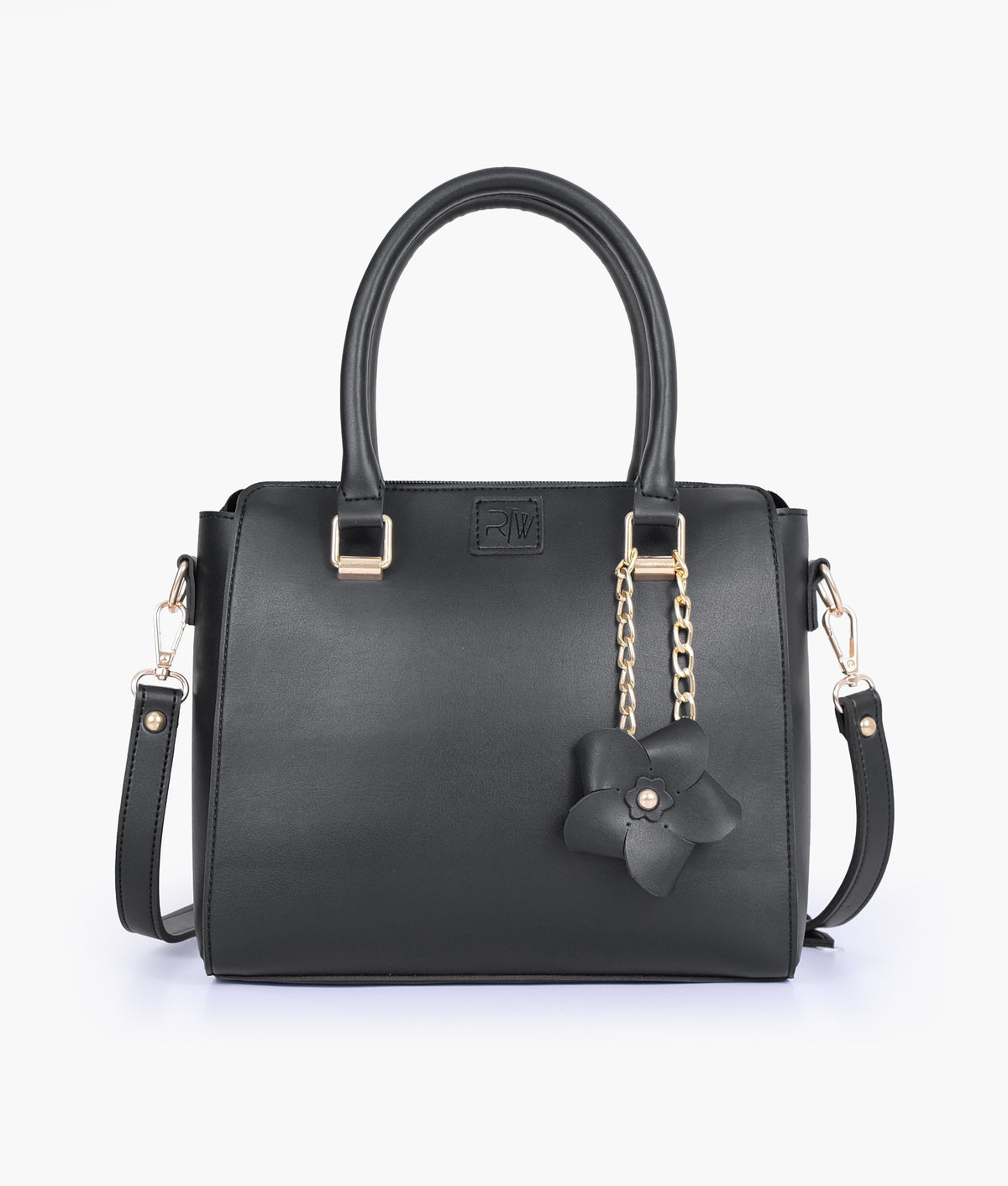 Black handbag with flower charm for women