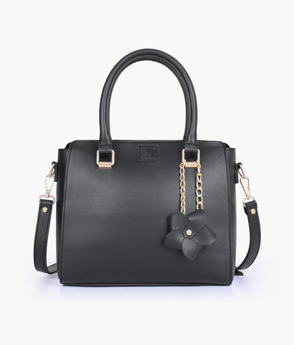 Black handbag with flower charm for women