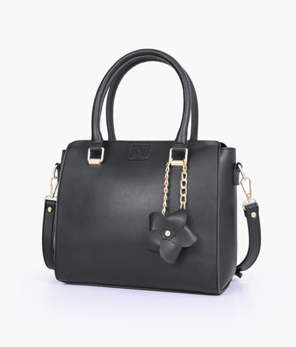Black handbag with flower charm for women