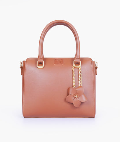 Brown handbag with flower charm  for women