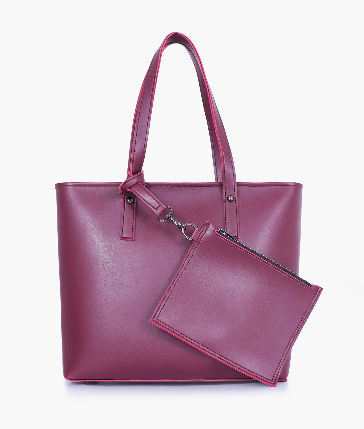 Burgundy tote bag with detachable pouch for women