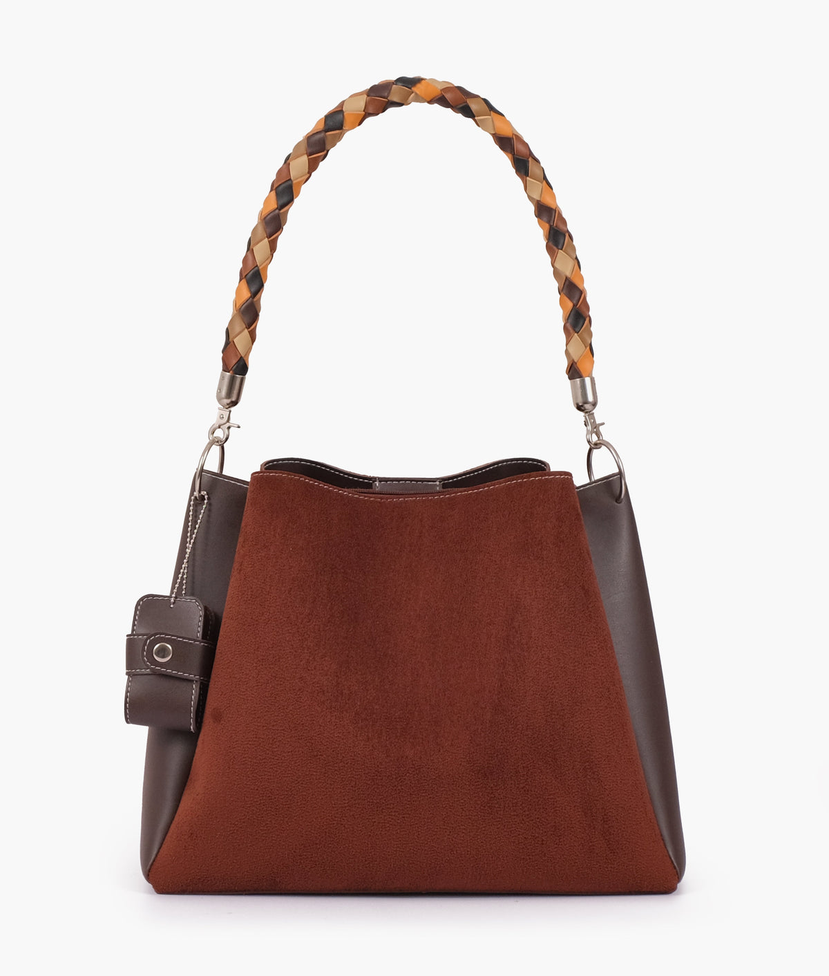 Dark brown suede handbag with braided handle for women