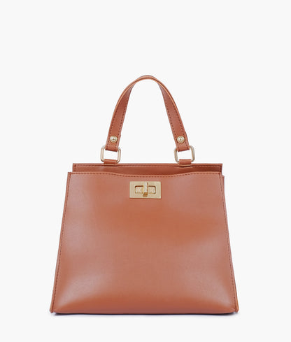 Brown front lock top-handle mini bag for women