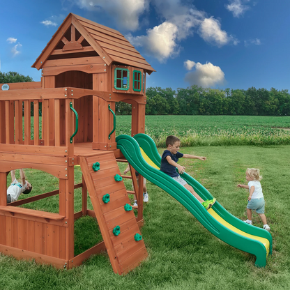 Atlantis Wooden Swing Set with Slide and Play Deck